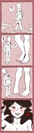 drawing giantess nude blushing comic monochrome black_hair large_breasts long_hair heart looking_down panels top_hat professor_layton