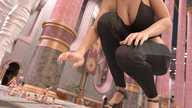 large_breasts clothed cleavage high_heels sandals reaching shrunken_people looking_down indoors crouching digital_render lfcfan adeline rfdcomics