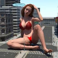 bikini city long_hair buildings brunette unknown_artist sitting outdoors closed_eyes dialogue digital_render