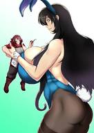 giantess black_hair large_breasts butt clothed handheld shrunken_man bunny_costume