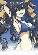 bikini drawing giantess giga black_hair color cleavage red_eyes airplane clouds annoyed embernaga