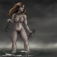 drawing giantess nude long_hair destruction ocean brunette outdoors ships aphrodite
