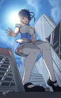 drawing giantess city upskirt color red_eyes blue_hair looking_down point_of_view zerohour99