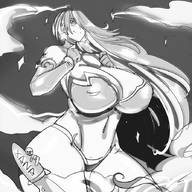 drawing giantess monochrome long_hair huge_breasts unknown_artist night choker rocket earrings skimpy_clothing