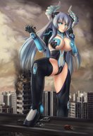 drawing giantess horns city large_breasts long_hair destruction blue_hair foot_crush standing vehicles outdoors skimpy_clothing