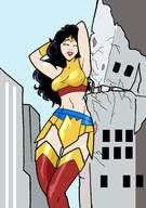 breasts drawing giantess city mega black_hair color long_hair armor destruction skirt buildings giganta boots leaning costume wonder_woman top tiara inspector97 dc_comics bare_midriff fusion earthbreaker