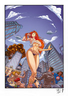breasts drawing giantess panties city mega long_hair destruction rampage cleavage bra helicopter low_angle red_hair unknown_artist outdoors ripped_clothing skimpy_clothing