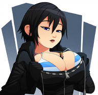 drawing black_hair large_breasts smiling short_hair looking_down robe zipper no_background between_breasts