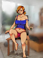 drawing large_breasts long_hair butt_crush brunette sitting looking_down indoors between_fingers pinched skinnychimp under_panties