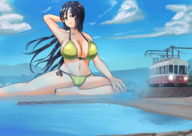 bikini drawing giantess black_hair color large_breasts long_hair train sitting outdoors bigsis_iyashi