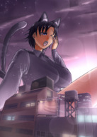drawing giantess tail color clothed buildings cat_ears cat_girl night factory sleepy lens_flare yawning bigsis_iyashi