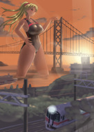 drawing giantess blonde color large_breasts long_hair bridge train smiling ponytail outdoors swimwear hand_on_hips ferry bigsis_iyashi