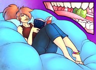 drawing vore long_hair barefoot ponytail sitting trapped lollipop sheela orange_hair reading in_food