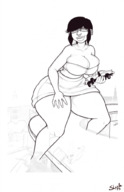 drawing city monochrome black_hair large_breasts handheld cleavage smiling short_hair highway vehicles outdoors straddling sheela earrings nose_ring thick_thighs no_background attack_of_the_50_foot_woman