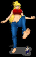 drawing blonde long_hair toes barefoot soles huge_breasts unknown_artist raised_foot imminent_crush no_background heterochromia bare_midriff