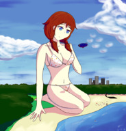 bikini giantess city large_breasts beach ocean smiling red_hair unknown_artist sitting looking_down forest boats outdoors braid crowds