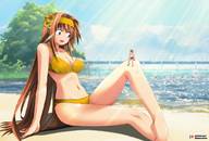 bikini drawing long_hair beach brunette sitting shrunken_man looking_down outdoors flowers hairband on_knee giantesshelen