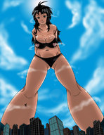 drawing giantess panties giga city black_hair color cleavage bra airplane looking_down mrtacomen