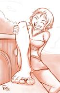 drawing panties upskirt monochrome nami one_piece toes barefoot soles short_hair sitting between_toes kisparlius