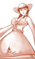 drawing monochrome black_hair large_breasts long_hair looking_down hat bellybutton no_background bare_midriff kisparlius bustier