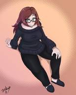 drawing blushing large_breasts glasses sitting between_legs shrunken_man looking_down hugging sweater tinies vaderaz on_shoulder no_background on_breasts