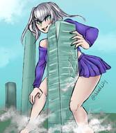 drawing giantess white_hair city long_hair destruction barefoot skirt buildings smiling outdoors velvetlily