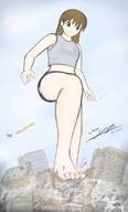 drawing city long_hair destruction barefoot buildings brunette foot_crush airplane outdoors raised_foot yamumil