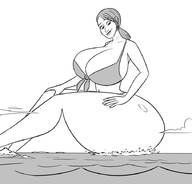 drawing giantess giga monochrome huge_breasts ponytail unknown_artist sitting looking_down mountains thick_thighs
