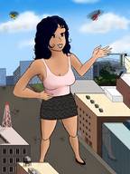drawing city black_hair large_breasts long_hair destruction helicopter smiling unknown_artist outdoors waving top cracked_pavement