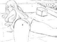 drawing giantess monochrome butt beach lying_down mejiro メジロ