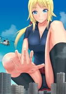 drawing giantess panties giga city upskirt blonde color blue_eyes buildings helicopter reaching clouds crouching sky idolmaster plaid_skirt kk meguru_hachimiya the_idolmaster_shiny_colors