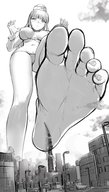 bikini drawing giantess giga city monochrome large_breasts long_hair destruction toes barefoot soles tank low_angle looking_down hat raised_foot rakia