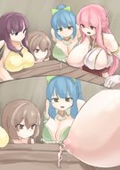 drawing long_hair blue_hair brunette smiling pink_hair red_hair unknown_artist kissing shrunken_man looking_down giantesses japanese_text watching nipple_sucking breast_worship one_breast_out