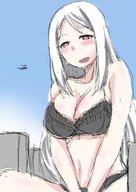drawing giantess white_hair panties city color cleavage bra helicopter red_eyes mejiro メジロ