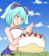 drawing giantess blue_hair huge_breasts ribbon smiling cake short_hair unknown_artist looking_down outdoors candle pointed_ears