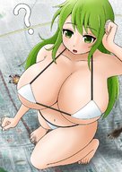 bikini drawing giantess blushing giga city mega color long_hair destruction barefoot cleavage green_eyes huge_breasts green_hair surprised explosion walking outdoors オレンジ orenji foot_prints