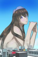 drawing giantess nude city color large_breasts brunette purple_eyes lying_down looking_at_viewer bigsis_iyashi
