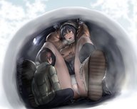 drawing growth giantess panties blushing upskirt black_hair clothed embarrassed short_hair boots unknown_artist indoors legs_spread cramped sweat_drop