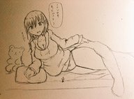 drawing panties monochrome large_breasts bed pillow lying_down short_hair unknown_artist japanese_text blanket dialogue in_bed teddy_bear