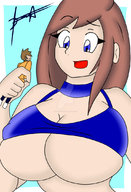 drawing giantess color large_breasts blue_eyes handheld cleavage bra brunette