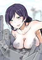 drawing blushing city large_breasts long_hair destruction purple_hair topless unknown_artist outdoors nozomi