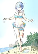 bikini drawing giantess blushing city beach blue_hair unknown_artist walking outdoors towel nervous trees rem