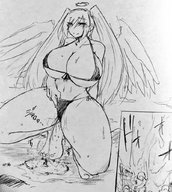 bikini drawing giantess blushing giga wings city monochrome long_hair huge_breasts sweat smiling twintails pee crouching flooding ulzakino