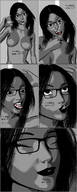 nude vore monochrome black_hair long_hair glasses unknown_artist reaching shrunken_man swallowed dialogue hanging_on digital_render