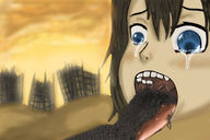 drawing vore black_hair tongue destruction short_hair unknown_artist open_mouth outdoors tears crowds mass_vore