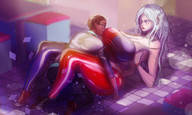 drawing white_hair long_hair huge_breasts embarrassed lying_down mini_giantess indoors skintight_clothing