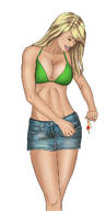 drawing blonde long_hair smiling unknown_artist shorts shrunken_man looking_down bikini_top no_background