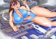 drawing giantess blushing city color large_breasts swimsuit cleavage helicopter brunette lying_down drunk drinking martini looking_at_viewer yacht bigsis_iyashi