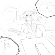 drawing giantess vore blushing city monochrome tongue clothed open_mouth outdoors ace_attorney phoenix_wright trucy_wright apollo_justice athena_cykes thunderafterdark