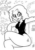 drawing giantess monochrome long_hair cleavage unknown_artist sitting looking_down hugging outdoors annoyed legs_crossed